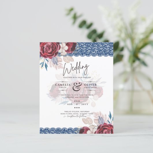 LeahG Burgundy Blue Rozen Lace Fall Wedding Invite (Staand voorkant)