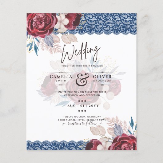 LeahG Burgundy Blue Rozen Lace Fall Wedding Invite (Voorkant)