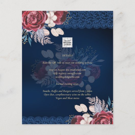 LeahG Burgundy Blue Rozen Lace Fall Wedding Invite (Achterkant)