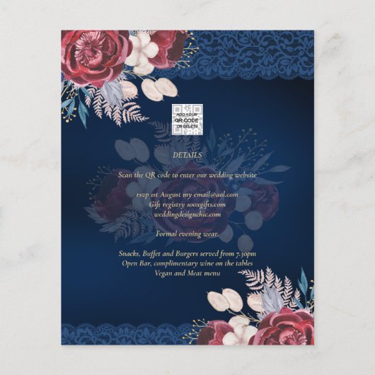 LeahG Burgundy Blue Rozen Lace Fall Wedding Invite Flyer (Achterkant)