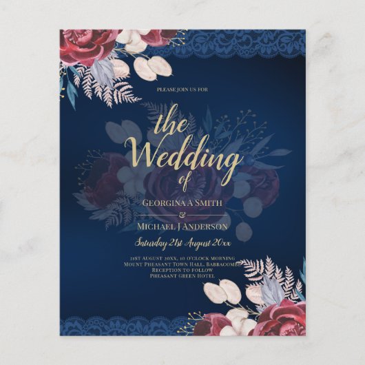 LeahG Burgundy Blue Rozen Lace Fall Wedding Invite Flyer (Voorkant)