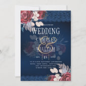 LeahG Burgundy Blue Rozen Lace Fall Wedding Invite Kaart (Voorkant)