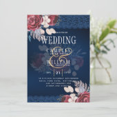 LeahG Burgundy Blue Rozen Lace Fall Wedding Invite Kaart (Staand voorkant)