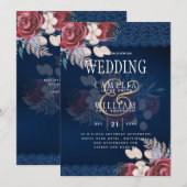LeahG Burgundy Blue Rozen Lace Fall Wedding Invite Kaart (Voorkant / Achterkant)