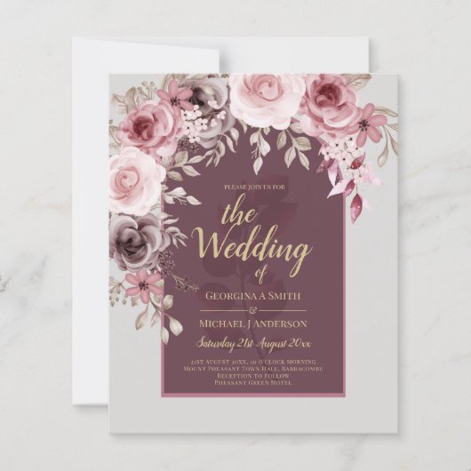 LeahG Burgundy Blush Pink Roses Fall Wedding Inv. (Voorkant)