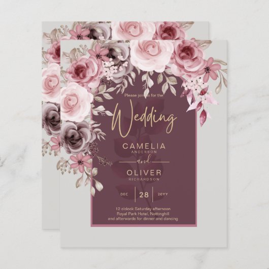 LeahG Burgundy Blush Pink Roses Fall Wedding Inv. (Voorkant / Achterkant)