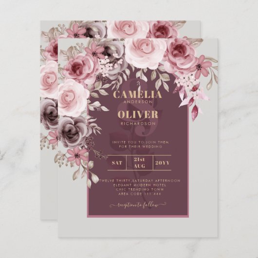 LeahG Burgundy Blush Pink Roses Fall Wedding Inv. (Voorkant / Achterkant)