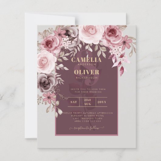 LeahG Burgundy Blush Pink Roses Fall Wedding Inv. (Voorkant)