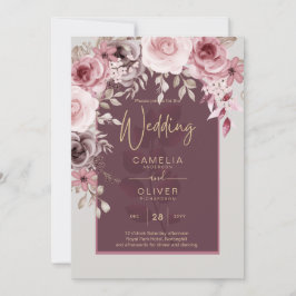 LeahG Burgundy Blush Pink Roses Fall Wedding Inv. Kaart