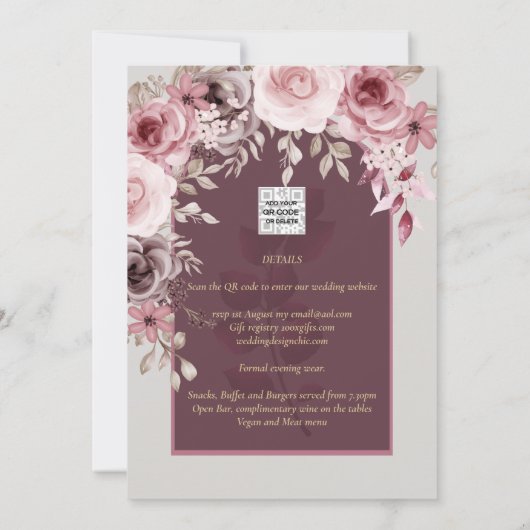 LeahG Burgundy Blush Pink Roses Fall Wedding Inv. Kaart (Achterkant)