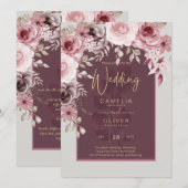 LeahG Burgundy Blush Pink Roses Fall Wedding Inv. Kaart (Voorkant / Achterkant)