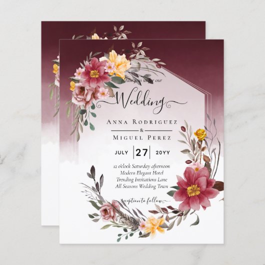LeahG Burgundy Yellow Floral Wedding Invite (Voorkant / Achterkant)