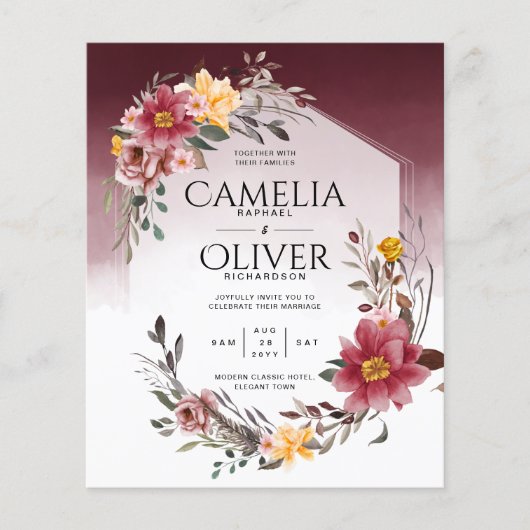 LeahG Burgundy Yellow Floral Wedding Invite Flyer (Voorkant)