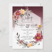 LeahG Burgundy Yellow Floral Wedding Invite Kaart (Voorkant)
