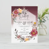 LeahG Burgundy Yellow Floral Wedding Invite Kaart (Staand voorkant)