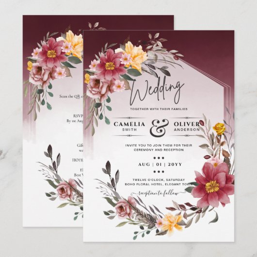 LeahG Burgundy Yellow Floral Wedding Invite Kaart (Voorkant / Achterkant)