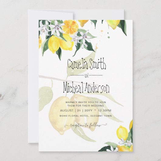LeahG Citrus Lemons Budget Wedding Noite Yellow Kaart (Voorkant)