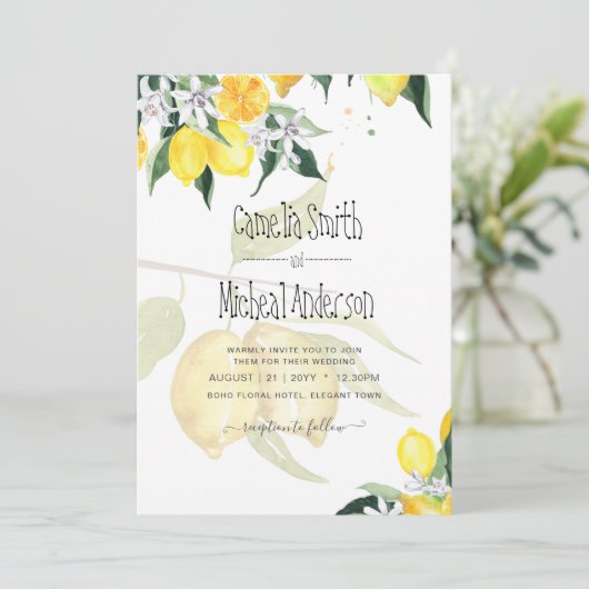 LeahG Citrus Lemons Budget Wedding Noite Yellow Kaart (Staand voorkant)