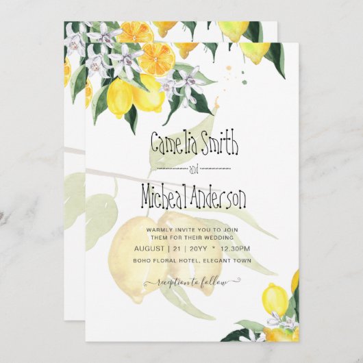 LeahG Citrus Lemons Budget Wedding Noite Yellow Kaart (Voorkant / Achterkant)