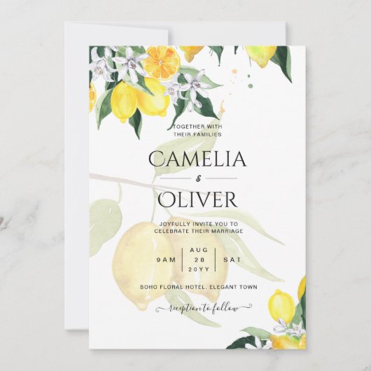 LeahG Citrus Lemons Budget Wedding Noite Yellow Kaart (Voorkant)