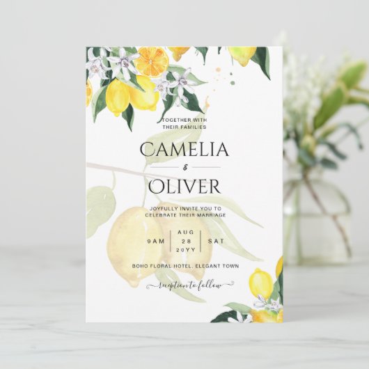 LeahG Citrus Lemons Budget Wedding Noite Yellow Kaart (Staand voorkant)