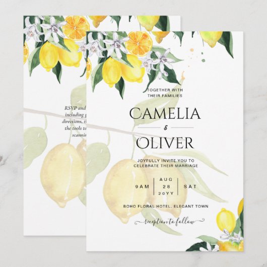 LeahG Citrus Lemons Budget Wedding Noite Yellow Kaart (Voorkant / Achterkant)