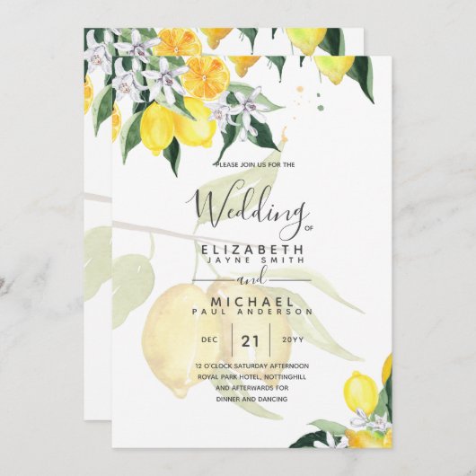 LeahG Citrus Yellow Lemons Wedding Invites Kaart (Voorkant / Achterkant)