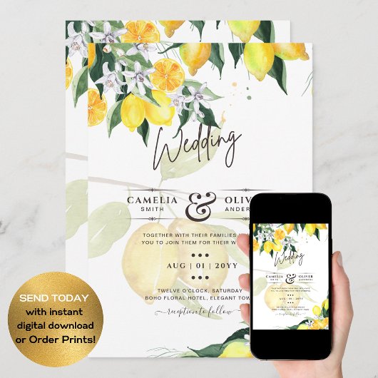 LeahG Citrus Yellow Lemons Wedding Invites Kaart