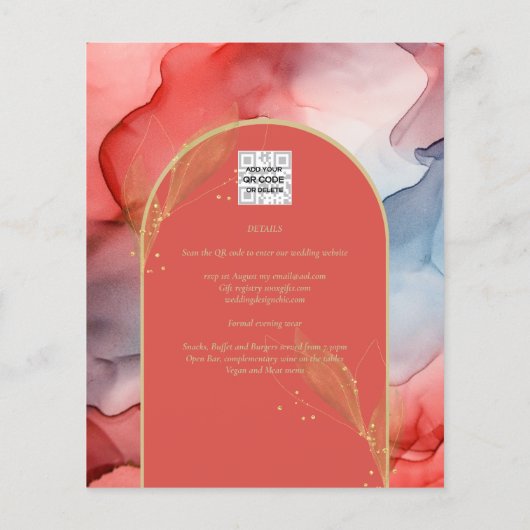 LeahG Coral Navy Blue Gold INK Wedding INVITE (Achterkant)
