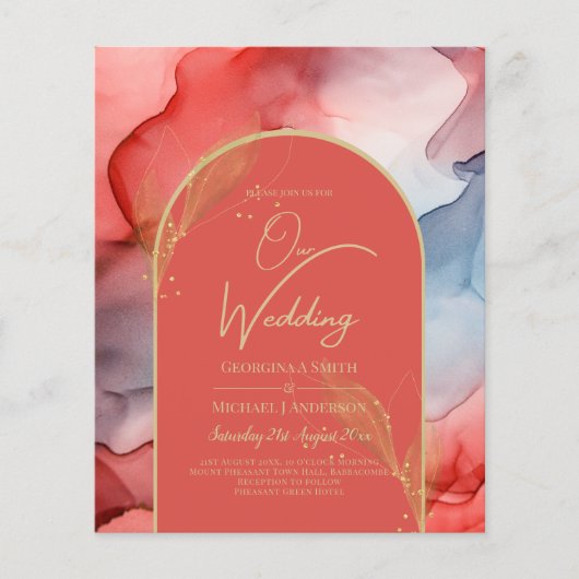 LeahG Coral Navy Blue Gold INK Wedding INVITE (Voorkant)