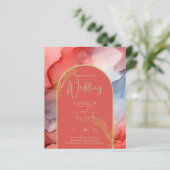 LeahG Coral Navy Blue Gold INK Wedding INVITE (Staand voorkant)