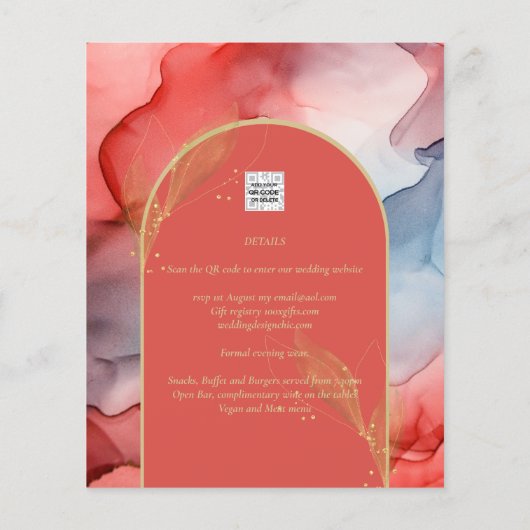 LeahG Coral Navy Blue Gold INK Wedding INVITE (Achterkant)