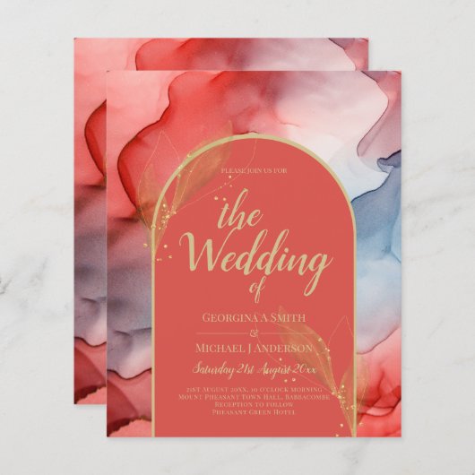 LeahG Coral Navy Blue Gold INK Wedding INVITE (Voorkant / Achterkant)