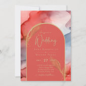 LeahG Coral Navy Blue Gold INK Wedding INVITE Kaart (Voorkant)