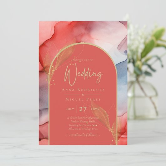 LeahG Coral Navy Blue Gold INK Wedding INVITE Kaart (Staand voorkant)