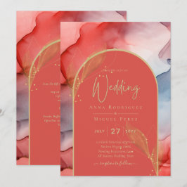 LeahG Coral Navy Blue Gold INK Wedding INVITE Kaart