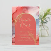 LeahG Coral Navy Blue Gold INK Wedding INVITE Kaart (Staand voorkant)