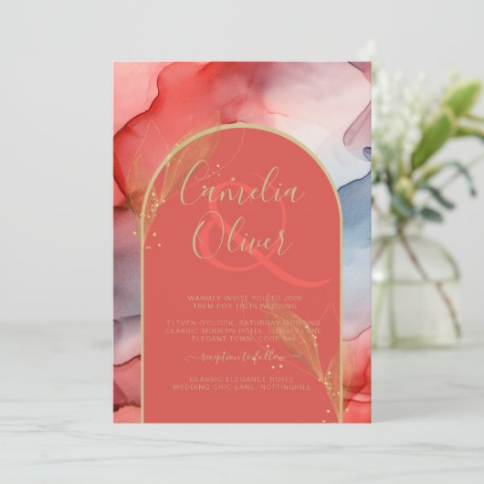 LeahG Coral Navy Blue Gold INK Wedding INVITE Kaart (Staand voorkant)