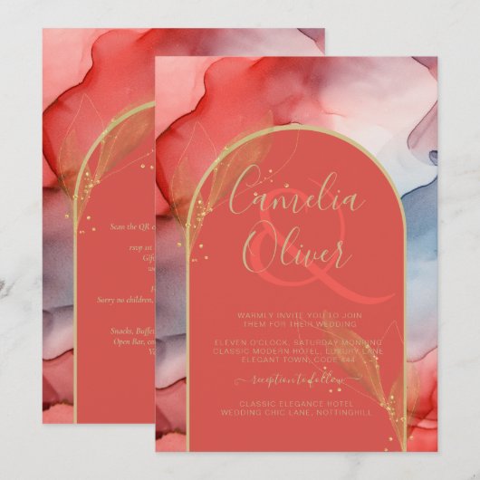 LeahG Coral Navy Blue Gold INK Wedding INVITE Kaart (Voorkant / Achterkant)