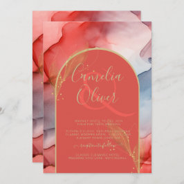LeahG Coral Navy Blue Gold INK Wedding INVITE Kaart