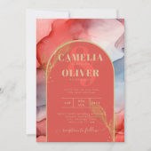 LeahG Coral Navy Blue Gold INK Wedding INVITE Kaart (Voorkant)