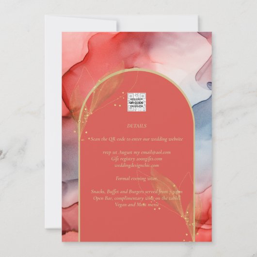 LeahG Coral Navy Blue Gold INK Wedding INVITE Kaart (Achterkant)