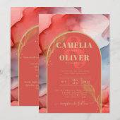 LeahG Coral Navy Blue Gold INK Wedding INVITE Kaart (Voorkant / Achterkant)