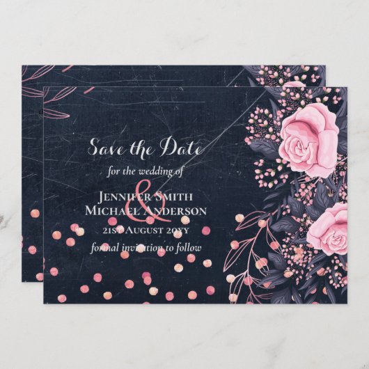 LeahG Denim Blauw Rosegoud Roze Bloem Bruidstaart (Voorkant / Achterkant)