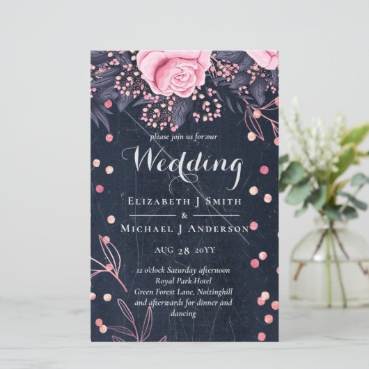 LeahG Denim Blauw Rosegoud Roze Bloem Bruidstaart (Staand voorkant)