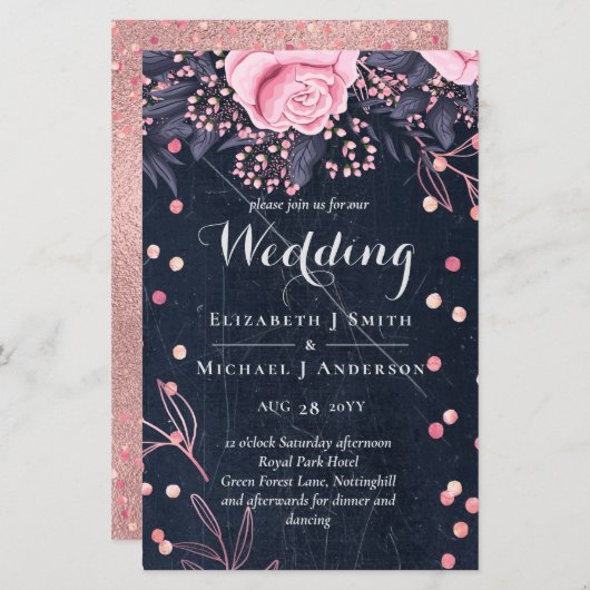 LeahG Denim Blauw Rosegoud Roze Bloem Bruidstaart (Voorkant / Achterkant)