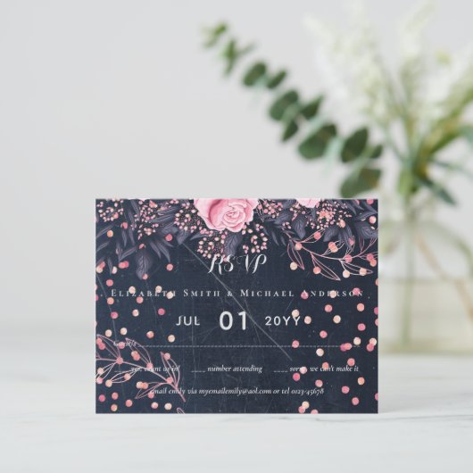 LeahG Denim Blauw Rosegoud Roze Bloem Bruidstaart Briefkaart (Staand voorkant)