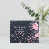 LeahG Denim Blauw Rosegoud Roze Bloem Bruidstaart Briefkaart (Staand voorkant)