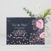 LeahG Denim Blauw Roségoud Roze Bloem Bruiloft (Staand voorkant)