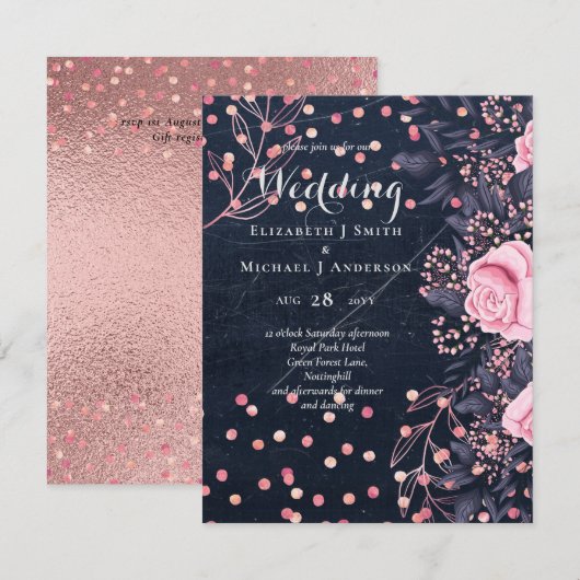 LeahG Denim Blauw Roze Goud Roze Bloem Bruiloft (Voorkant / Achterkant)